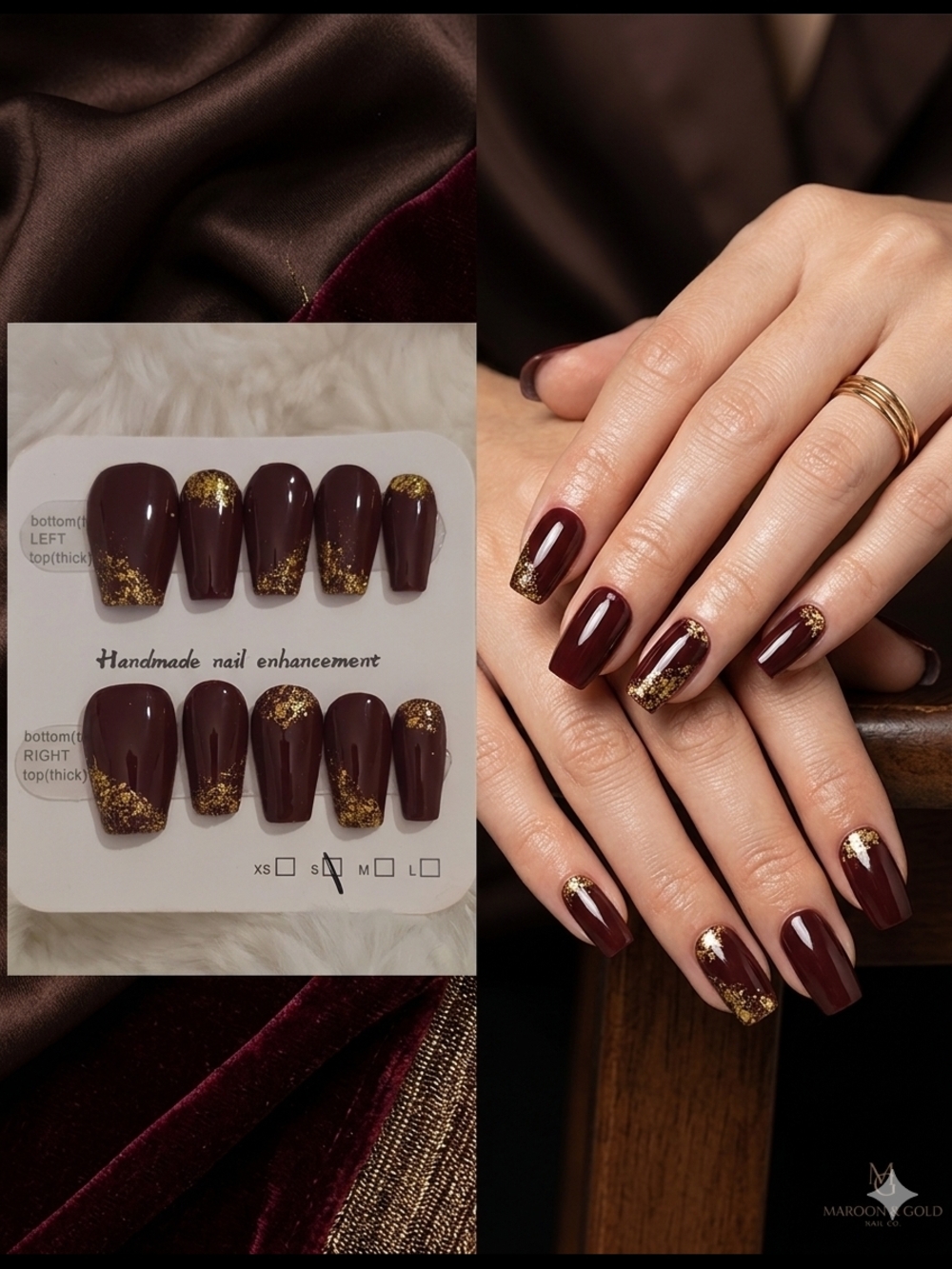 Handmade Maroon Nail Set with Gold Flakes